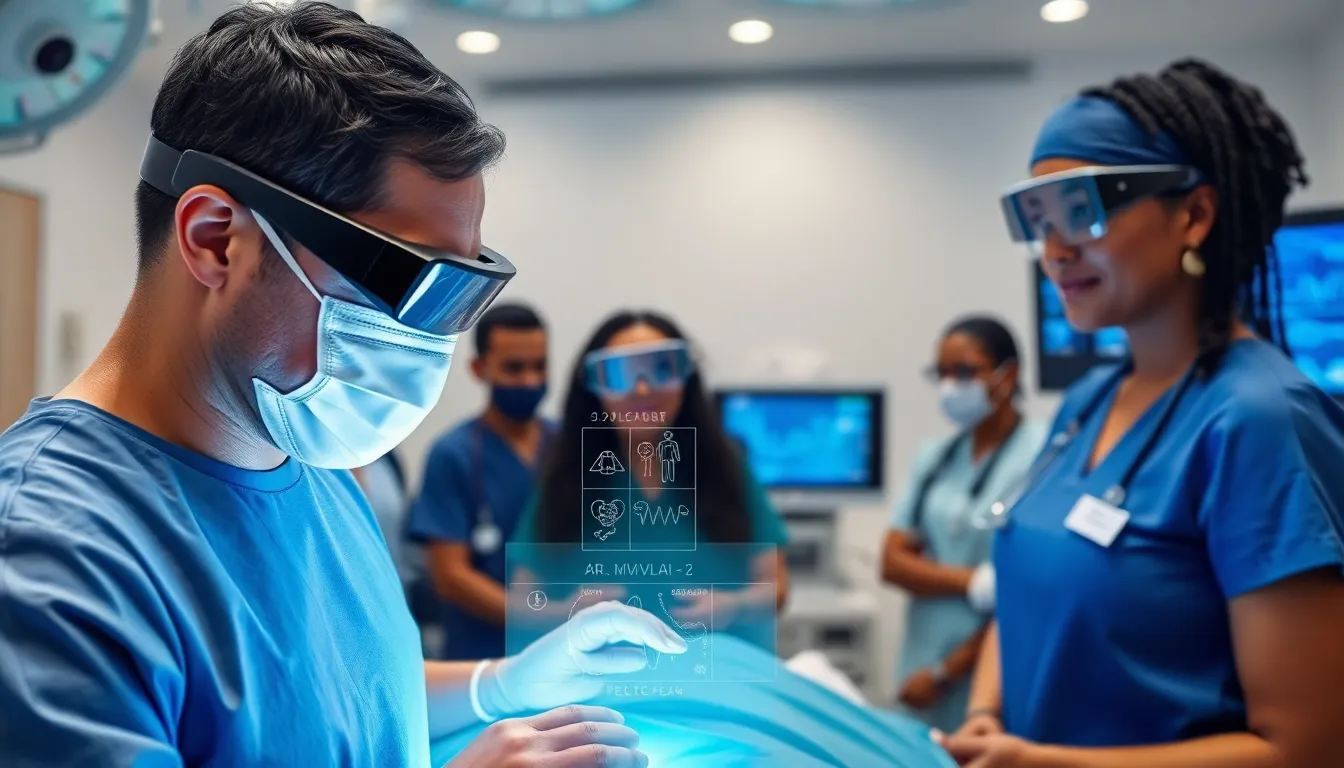 surgeon using augmented reality glasses in an operating room.