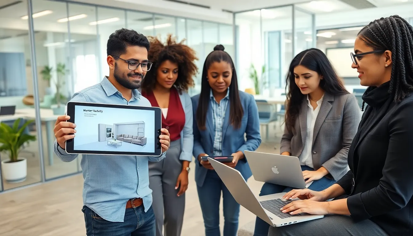 team collaborating on augmented reality development in a modern office.