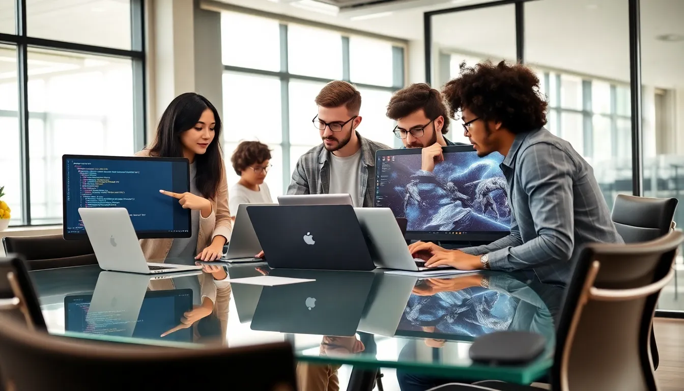 team collaborating on game coding in a modern office.