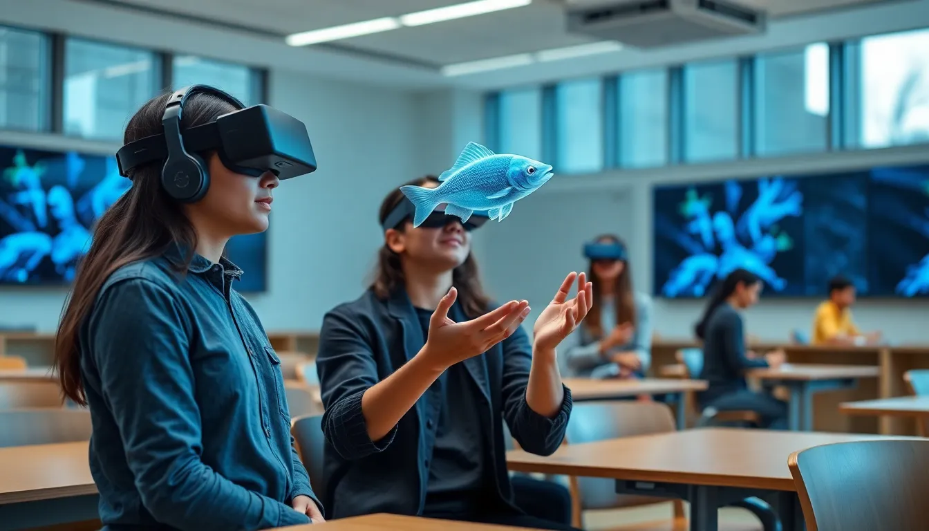 students using mixed reality headsets in a modern classroom.