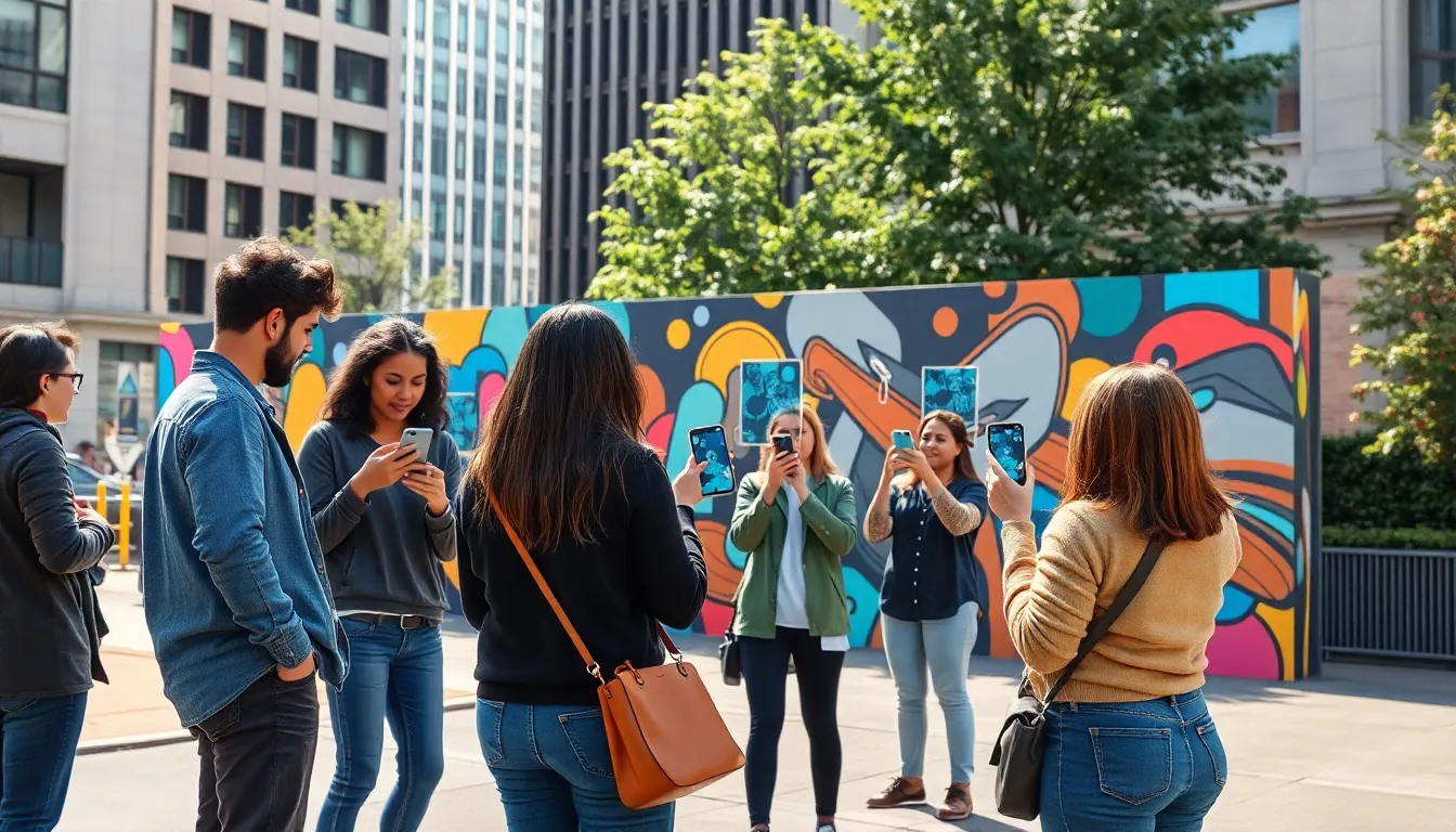 diverse group interacting with augmented reality art in an urban setting.