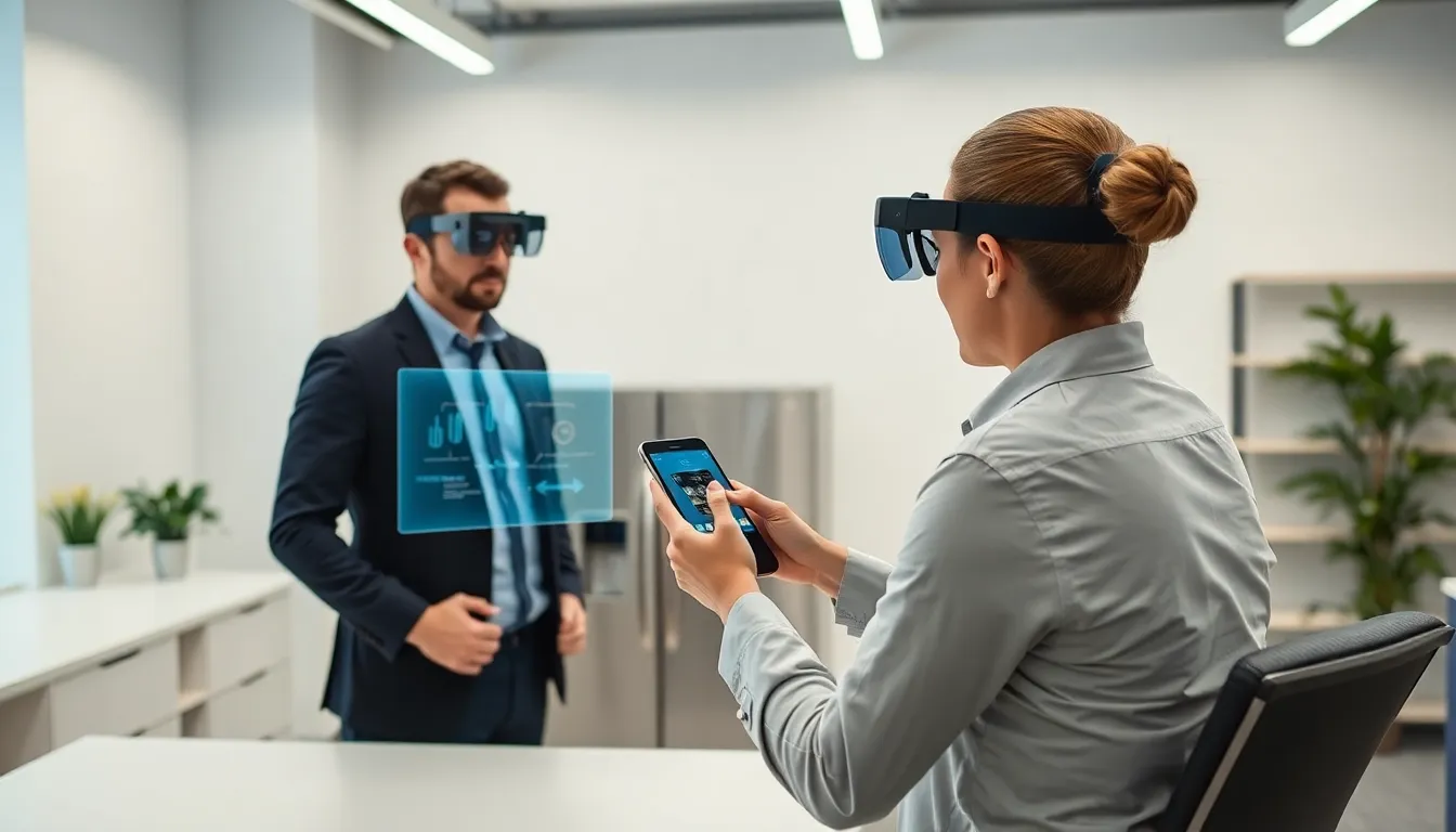 Technician guiding a user with augmented reality technology in a modern office.