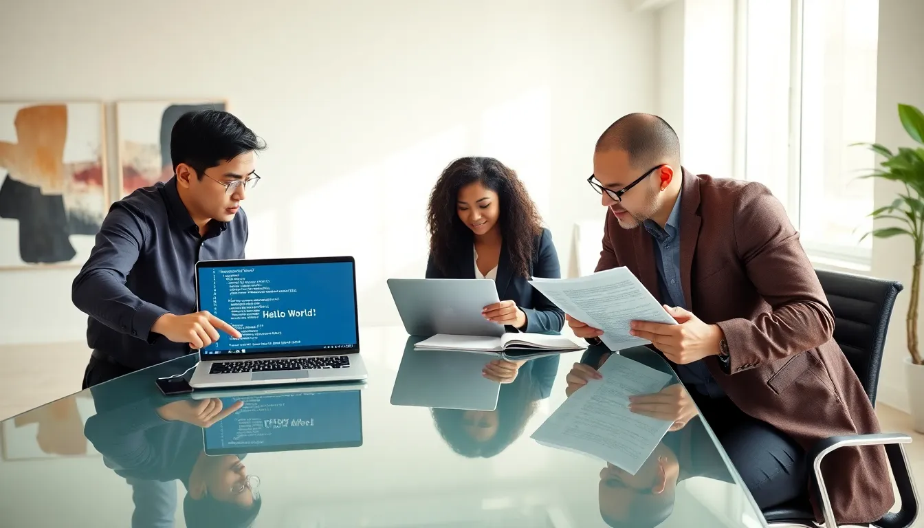 diverse team collaborating on C++ code in a modern office.
