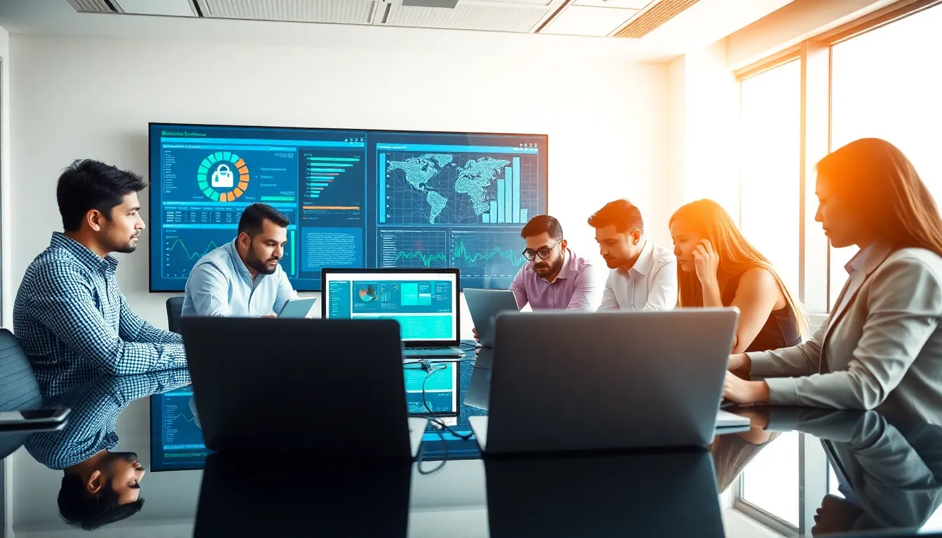 diverse IT team collaborating on cybersecurity testing in a modern office.